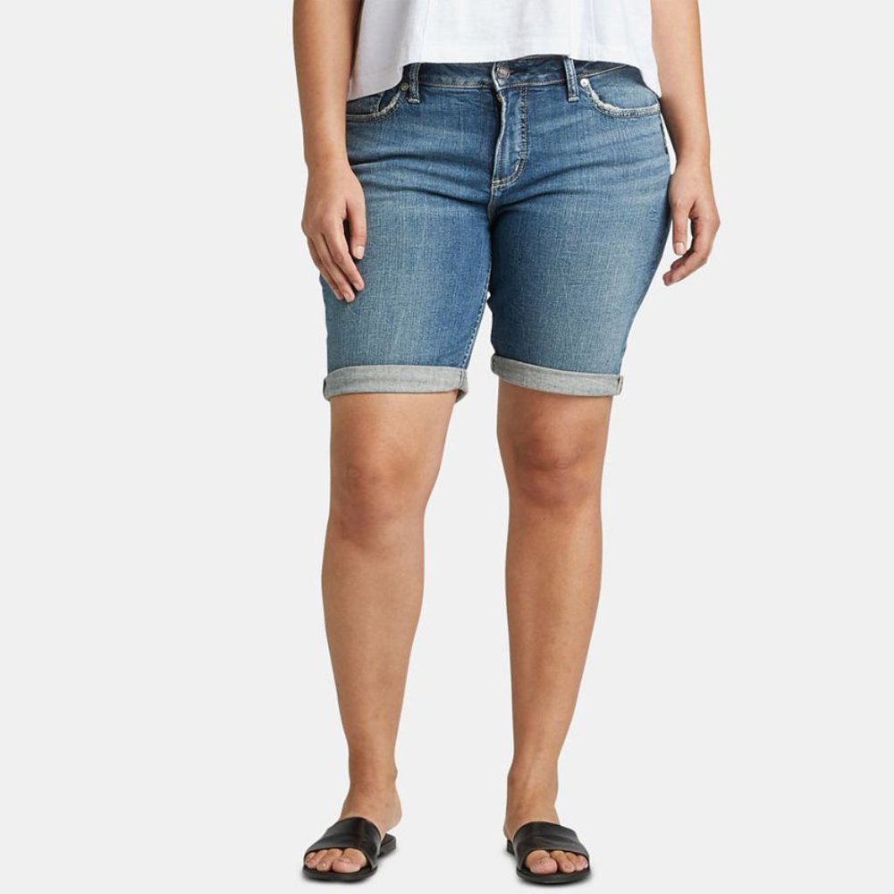 Silver Jeans Women Plus Mid Rise Elyse Bermuda Roll Cuff Curvy Jean Shorts Blue
